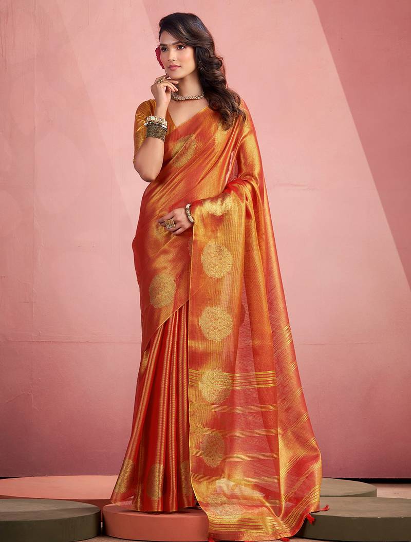 rust orange woven tissue silk blend saree with mandala motifs