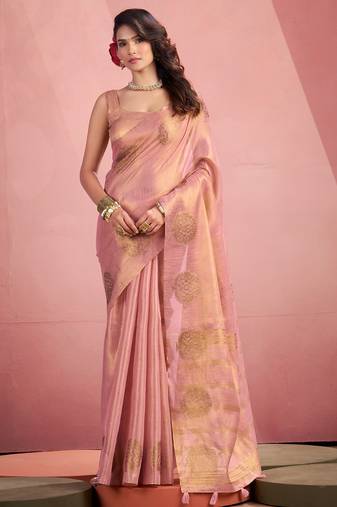 peach & gold woven tissue silk blend saree with mandala motifs