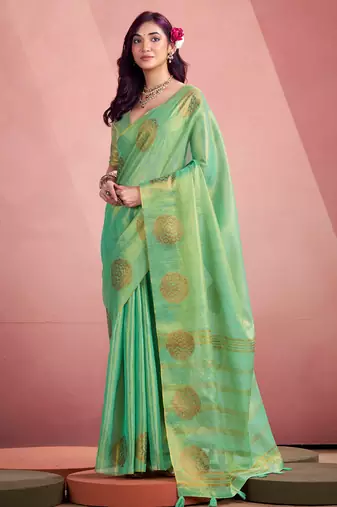 sea green woven tissue silk blend saree with mandala motifs