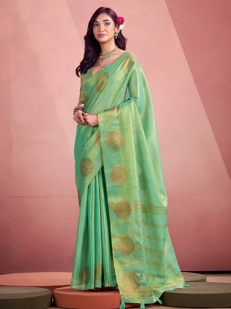 sea green woven tissue silk blend saree with mandala motifs