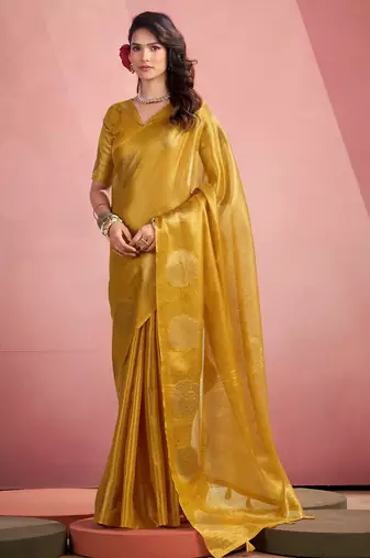 mustard yellow woven tissue silk blend saree with mandala motifs