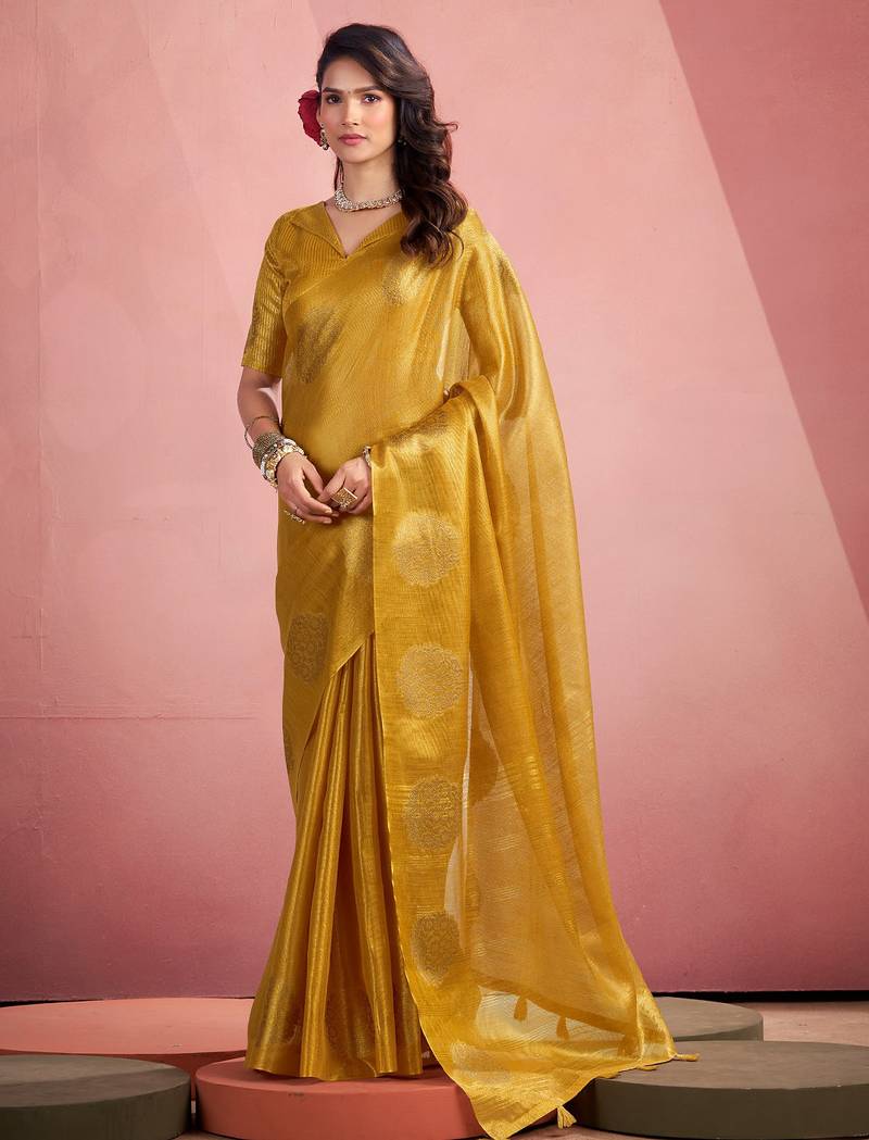 mustard yellow woven tissue silk blend saree with mandala motifs