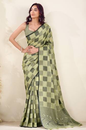 Women olive green checked linen saree with floral pallu