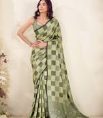 Women olive green checked linen saree with floral pallu