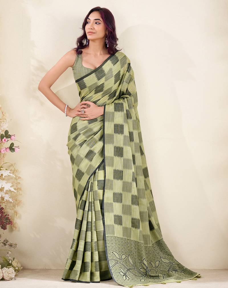 Women olive green checked linen saree with floral pallu