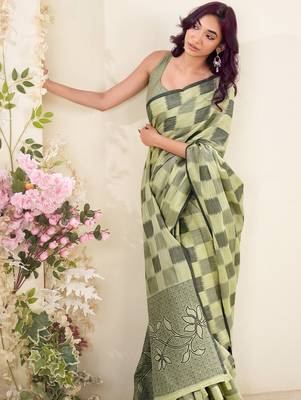 Women olive green checked linen saree with floral pallu 2