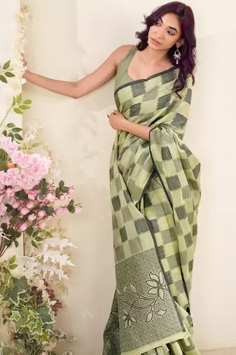Women olive green checked linen saree with floral pallu