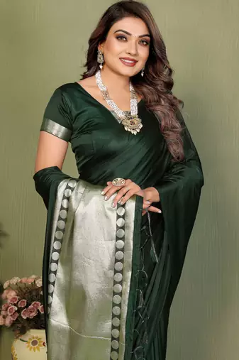 Dark Green Color Hand Dyed With Zari Woven Satin Silk Saree