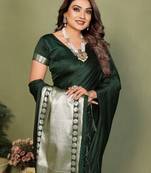 Dark Green Color Hand Dyed With Zari Woven Satin Silk Saree