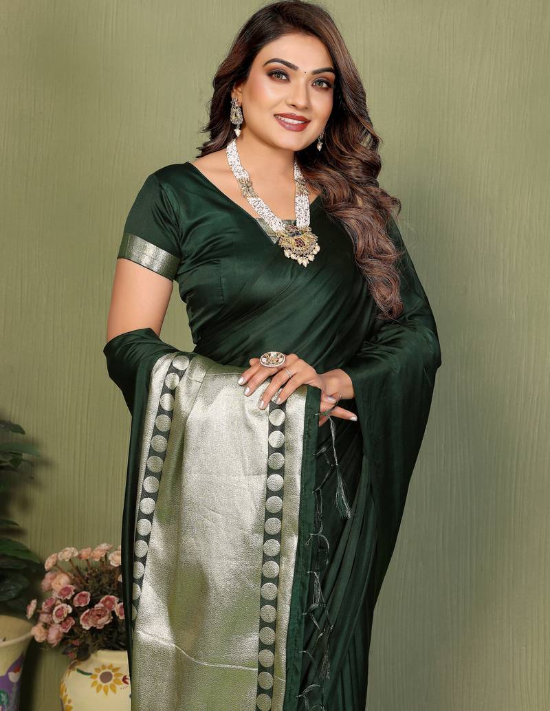 Dark Green Color Hand Dyed With Zari Woven Satin Silk Saree