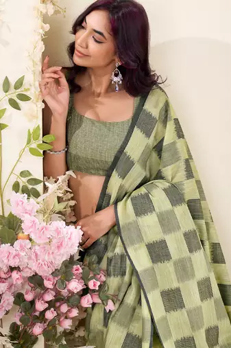 Women olive green checked linen saree with floral pallu