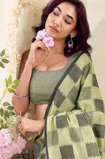 Women olive green checked linen saree with floral pallu