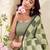Women olive green checked linen saree with floral pallu