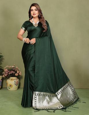 Dark Green Color Hand Dyed With Zari Woven Satin Silk Saree 2