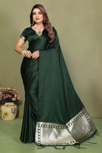 Dark Green Color Hand Dyed With Zari Woven Satin Silk Saree
