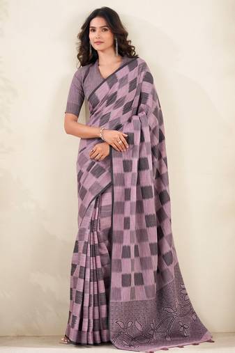 Women mauve purple checked linen saree with floral pallu