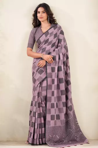Women mauve purple checked linen saree with floral pallu