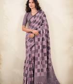 Women mauve purple checked linen saree with floral pallu