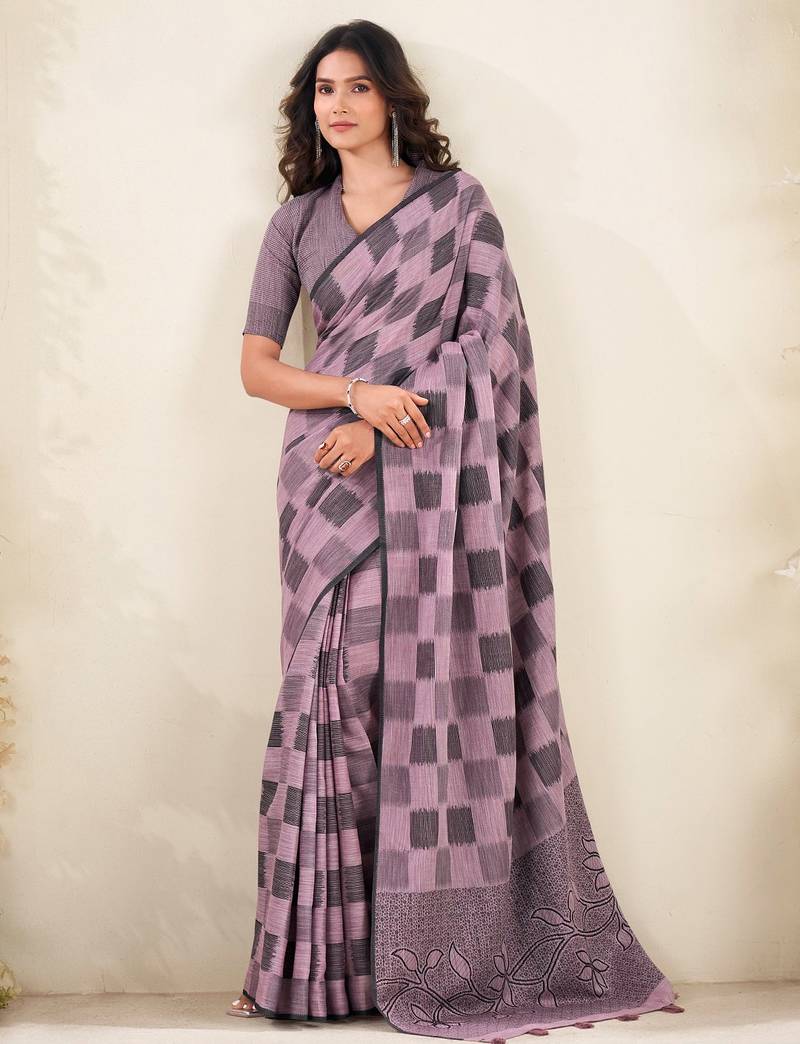 Women mauve purple checked linen saree with floral pallu