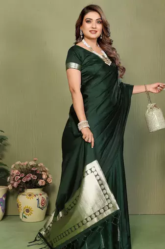 Dark Green Color Hand Dyed With Zari Woven Satin Silk Saree