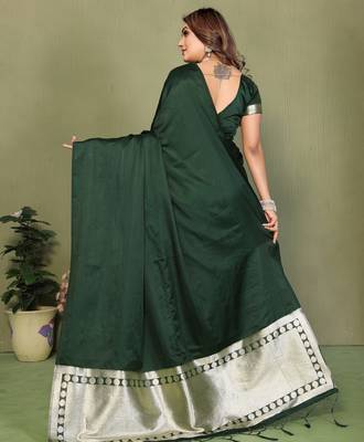 Dark Green Color Hand Dyed With Zari Woven Satin Silk Saree 4