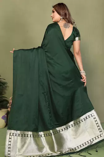 Dark Green Color Hand Dyed With Zari Woven Satin Silk Saree
