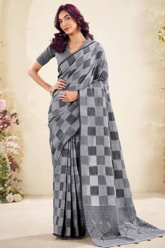 Women grey & black checked linen saree with floral pallu