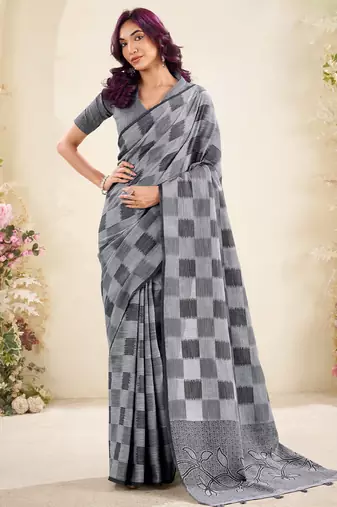 Women grey & black checked linen saree with floral pallu