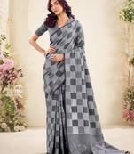 Women grey & black checked linen saree with floral pallu