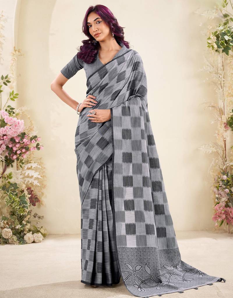 Women grey & black checked linen saree with floral pallu