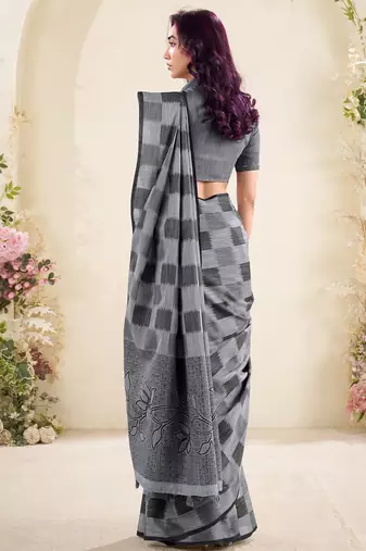 Women grey & black checked linen saree with floral pallu