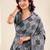 Women grey & black checked linen saree with floral pallu