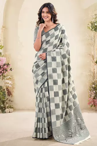 Women sage green & grey checked linen saree with floral pallu