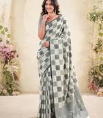 Women sage green & grey checked linen saree with floral pallu