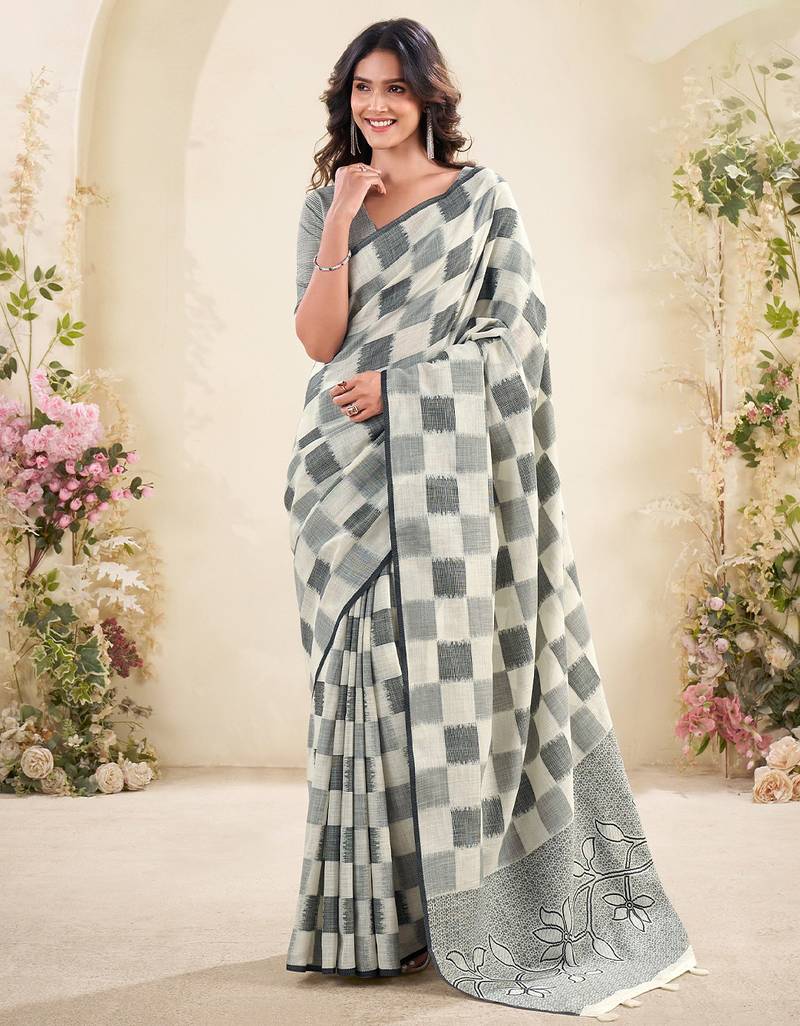Women sage green & grey checked linen saree with floral pallu