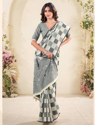Women sage green & grey checked linen saree with floral pallu 2