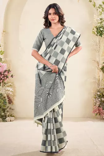 Women sage green & grey checked linen saree with floral pallu