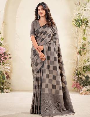Women taupe brown checked linen saree with floral pallu 1
