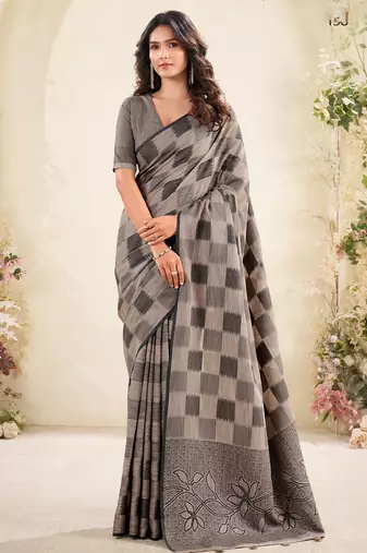 Women taupe brown checked linen saree with floral pallu