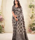 Women taupe brown checked linen saree with floral pallu