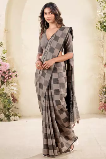 Women taupe brown checked linen saree with floral pallu