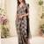 Women taupe brown checked linen saree with floral pallu