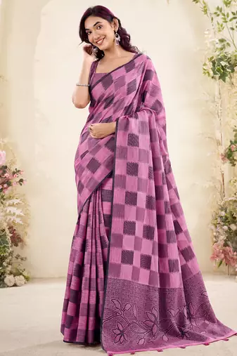 Women pink & purple checked linen saree with floral pallu