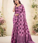 Women pink & purple checked linen saree with floral pallu