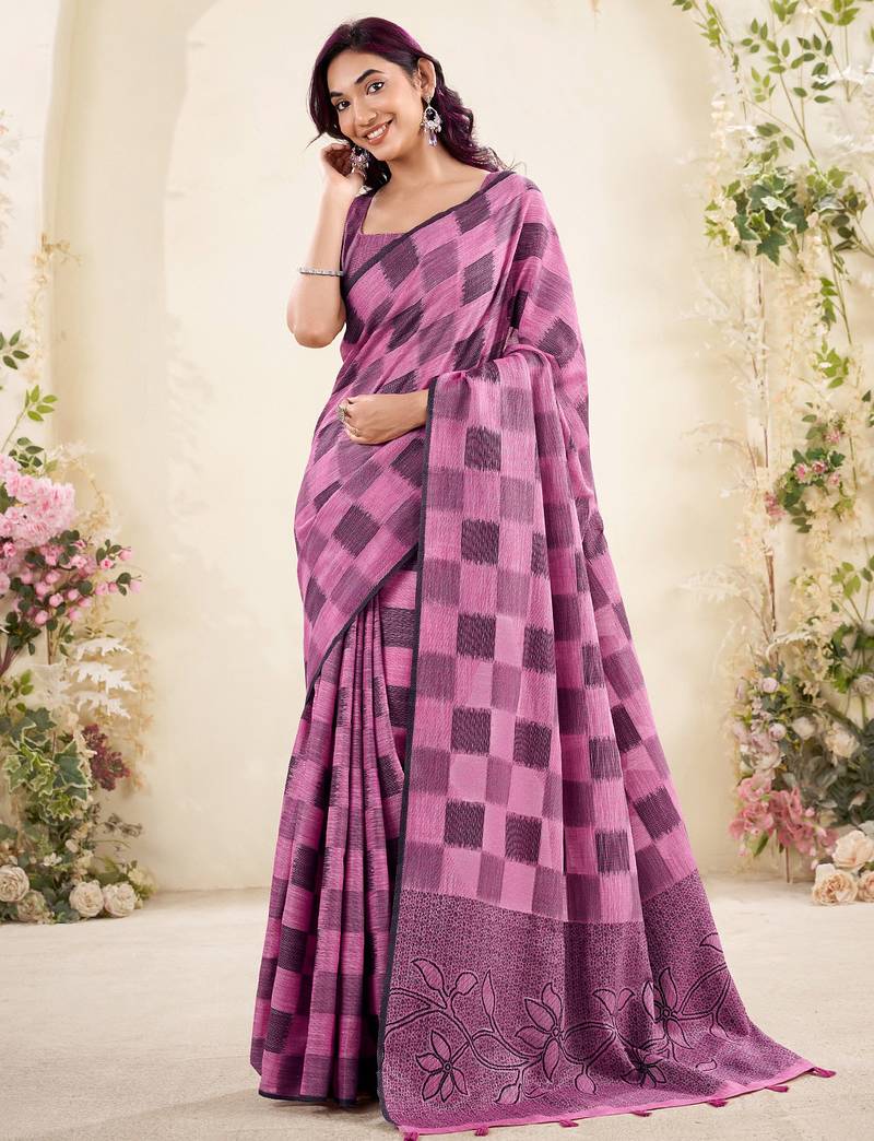 Women pink & purple checked linen saree with floral pallu