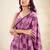 Women pink & purple checked linen saree with floral pallu