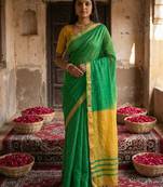 Green & beige woven design cotton blend saree
