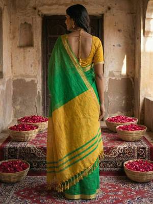 green color cotton solid saree with blouse 3