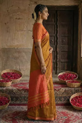 brown color cotton solid saree with blouse