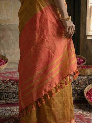 brown color cotton solid saree with blouse 4